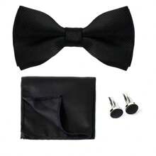 1 套男士纯色提花口袋巾、领结、袖扣 3 件套，商务正装领结口袋巾
