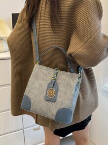 时尚新款复古压纹拼色水桶包，优雅手提包配肩带 - 藍色 - 查看 3