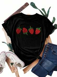 Plus Size Women's Round Neck Strawberries Pattern Short Sleeved T-Shirt - Black - View 1