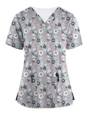 Floral V-Neck Pocket Short Sleeve Work Scrub Uniform T-Shirt