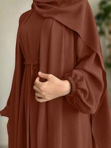 2pcs Women Solid Color Comfortable Casual Loose Cardigan + Sleeveless Robe Set, Arabic Abaya Robe With Belt - No Headscarf, Quick Ship - Coffee Brown - View 2