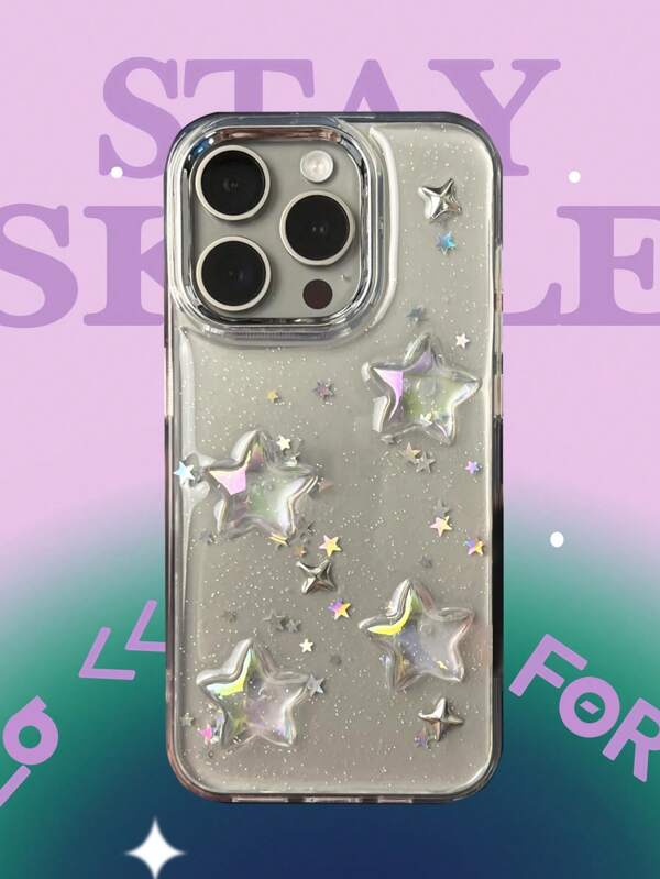 Custodia protettiva per telefono in placcatura chiara con acrilico, stelle in resina epossidica e paillettes, compatibile con iPhone 16, 15, 14, 13, 12, 11 Pro Max, elegante cover posteriore