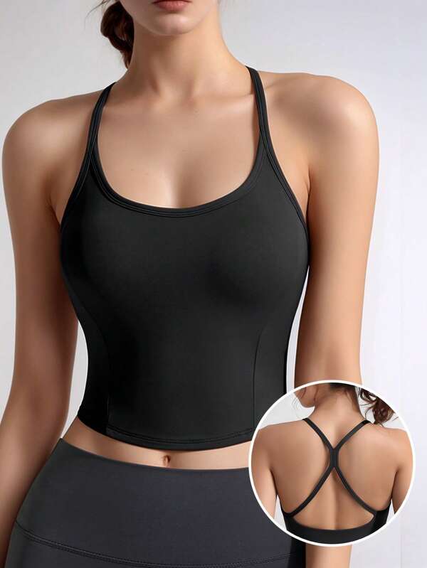 Damen schwarzes gestricktes Sport Taillen regulierendes Tankoberteil, einfach und modisch schlanker rückenfrei Träger Tankoberteil, atmungsaktiv und bequemes Fitness Lauf Yoga Tankoberteil