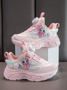 Girls Pink Unicorn Cartoon Sports Shoes With Rotating Button - Cushioned, Anti-Slip Thick Sole Casual Running Shoes, Suitable For Teens - Breathable Material, Suitable For All Seasons, Girls Shoes