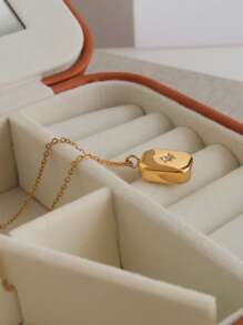 Tkool 1pc Women Necklace, Layered Retro Style, Stainless Steel Rectangular Star Cubic Zirconia Pendant Necklace, Daily Accessory Gift (No Gift Box) - Gold - View 4