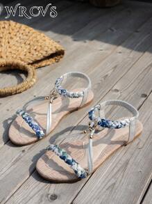 WRCVS Silver Women's Flat Sandals, Summer Beaded Woven Flat Shoes, Lightweight, Suitable For Beach, Vacation, Random Woven Pattern, Mid-Low Non-Slip Design - Silver - View 5