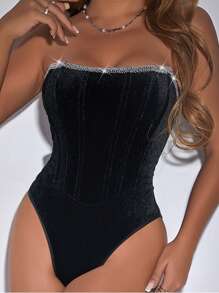 High-End Velvet Diamante Decor Corset Jumpsuit, Slimming Solid Color Waist Tight Women Party Clubwear - Black - View 2