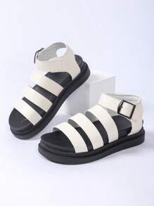 Sandalias de cuña de plataforma de unicolor para mujer, sandalias de verano casuales con hebilla, sandalias abiertas cómodas, sandalias planas romanas para mujer, sandalias de unicolor con correa cruzada abierta y antideslizante - Blanco - Ver 7