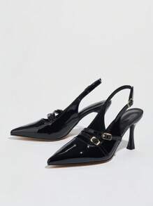 Women's Pointed Toe Multi-Strap Buckle Back Strap High Heel Pumps, Elegant - Black - View 3