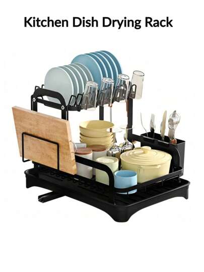 Kitchen Dish Drying Rack, Dish Racks For Kitchen Counter, Large Dish Drainers Rack, Two Tier Black Metal Dish Drying Rack