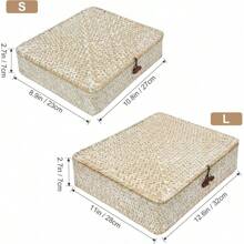 Set Of 2 Flat Seagrass Storage Bins With Lid Wicker Storage Baskets For Organizing, Woven Shelf Organizer Bins Home Utility Organizer Box For Home & Office Supplies