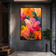 Tulipes colorées abstraites avec des stylos audacieux. Grande peinture murale encadrée en bois, décoration d'intérieur, peinture à l'huile - Chambre, salle de bain, salon, bureau, cuisine, cadeaux de Noël - 1 pièce