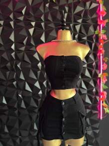 FALDA SHORT  CON TOP TONO NEGRO - Negro - Ver 3