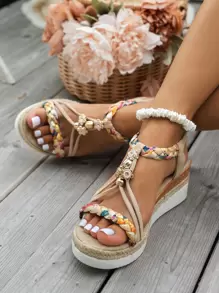 WRCVS Beige Women's Woven Strap Sandals, Summer Platform Wedge Heel, Handmade Beaded Braided Rope Sole, Lightweight Vacation Bohemian Style Elevated Outdoor Sandals