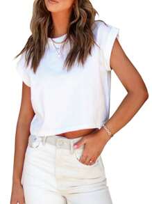 KAHULE Womens Round Neck Short Sleeve T-Shirts Rolled Dolman Sleeve Tops Solid Casual Cropped Tees - trắng - Xem 1