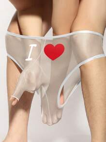 男士白色性感网眼半透明心形印花三角内裤，透气舒适囊袋设计 - 白色 - 查看 1