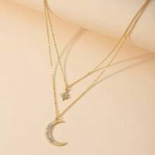 1pc Fashion Elegant Double Layer Star Moon Rhinestone Pendant Necklace - Yellow Gold - View 4