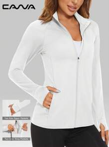 Cavva 女士 UPF 50+ 轻便夹克 防晒速干 弹力长袖开衫 纹理面料 修身剪裁 插肩袖 隐形拉链口袋 拇指孔袖口 夹克 户外徒步跑步瑜伽 - 白色 - 查看 4