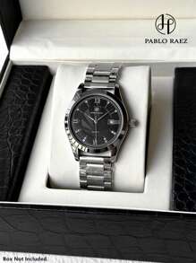 Pablo Raez 1pc Black Business High Quality Man Dress Watch Top Brand New AAA Superior Wristwatch For Man Stainless Steel IPS Silver Color Case Luxury Solid Steel Bracelet Gentleman Gorgeous Diamond Dial With Date Fashion Crystal Design 50M Waterproof Male Quartz Wristwatch