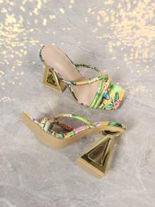 女士多色休闲时尚优雅方头不对称高跟一脚蹬穆勒高跟凉鞋，舒适适合日常通勤、派对、简约、修长、百搭 - 彩色 - 查看 6