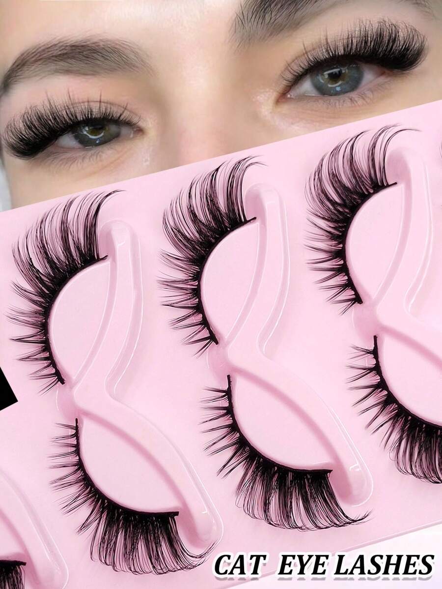 Rikuaild 5 Pairs New Cat Eye False Eyelashes, Faux Mink Material, Fluffy & Natural, Thin & Long, Flared Ends, Full Strip Lashes, Makeup Tool