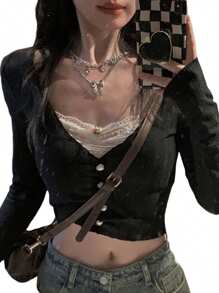 Women Lace Stitching V-Neck Fairy Crop Tops Y2K Long Sleeve Button Shirt Spring Fall Downtown Girl Coquette Clothing Slim Fit Streetwear