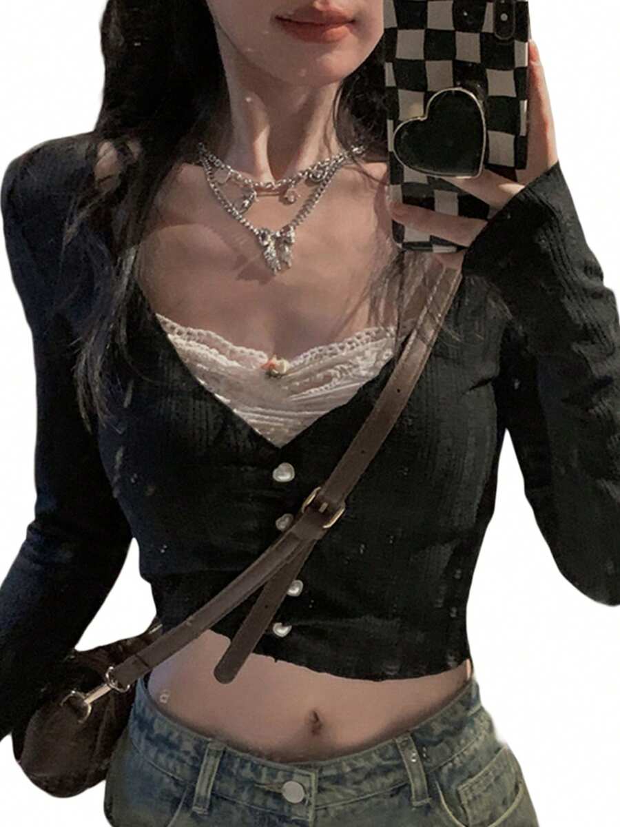 Women Lace Stitching V-Neck Fairy Crop Tops Y2K Long Sleeve Button Shirt Spring Fall Downtown Girl Coquette Clothing Slim Fit Streetwear