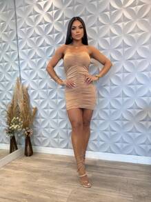 Vestido Curto Tomara Que Caia Drapeado em Suplex - Moda Verão 2025 - Bege - Visão 1