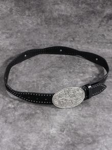 新款时尚复古雕花图案腰带，简约风格黑色牛仔裤装饰配饰