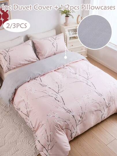 2/3pcs Pink Floral Print Polyester Duvet Cover Set, Pastoral Style Soft & Breathable Children/Girls Bedroom Bedding Set, Suitable For All Seasons, Zipper Closure, Machine Washable (1 Duvet Cover + 1/2 Pillowcase)