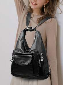 Bolso de cubo de piel de PU negro casual multifuncional con múltiples bolsillos - se puede usar como bolso de hombro, bolso cruzado o mochila, versátil para el trabajo, la escuela, las compras y las citas - Negro - Ver 4