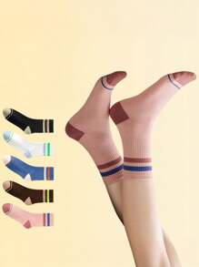 5 Pairs Of Women's Socks Are Suitable For All Seasons Multi-Colored Stripes Simple Fashion Soft Breathable Sweat Absorption Daily Casual Sports Mid-Tube Socks