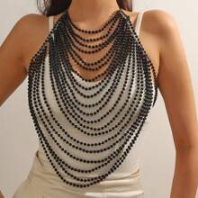 1pc Handmade Multilayered Faux Pearl Elegant Necklace Suitable For Party, Bikini Top, Beach Cover-Up And All-Season Wear, Adjustable Length Shoulder & Body Chain - Black - View 10