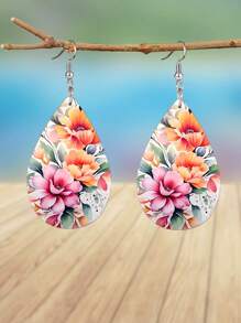 1 Paar elegante, bunte Blumen- und Blätterleder-Ohrringe für Frauen, beidseitiges Musterdesign, Tropfenform, klassischer Ohrschmuck für Geburtstag, Hochzeit, Party, Muttertag, Weihnachten und tägliche Anlässe als Geschenk für Mütter