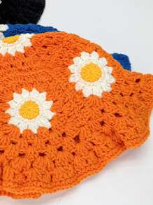 1pc Y2K Style Handmade Floral Crochet Fisherman Hat For Women, Colorful Hollow Knitted Fisherman Hat Suitable For Casual, Vacation, Boho Street Style (Random Patchwork) - Pure Color Streaky - View 5