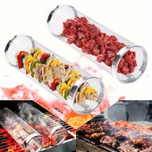 Rolling Grilling Baskets Outdoor Accessories, Stainless Steel Cylinder Tubes, Vegetable Cage Veggie, Large Round Mesh Rotation, Grill Bbq Basket Nets Veggies Barbecue Round Net Cylinders, Barbeque Kabob Fish Meat Gear Gift, Cylinder Cage Cooking Accessories For Veggie, Fish, Meat,Gift For Men,For Valentine's Day, Mother's Day, Father's Day, Outdoor Barbecue Festival