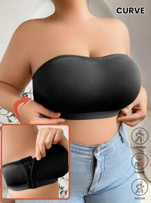 Plus Size Strapless Bandeau Bra Women's Push Up Top Anti Slip Solid Side Closure Removable Padded Elegant Gym Tank Top - Black - View 1