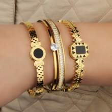 3/1pcs Stainless Steel Women's Bangle Set, Minimalist Zirconia Stone Inlay Fashion Bracelet Combo, Suitable For Daily, Photoshoots, Parties, Gifting, All Seasons