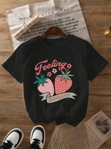 Summer Casual Women's Round Neck T-Shirt, Slim Fit Short Sleeved T-Shirt - Black - View 1
