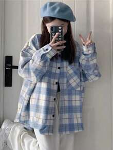 女士休闲格子拼接口袋衬衫，秋季 - 淺藍色 - 查看 3