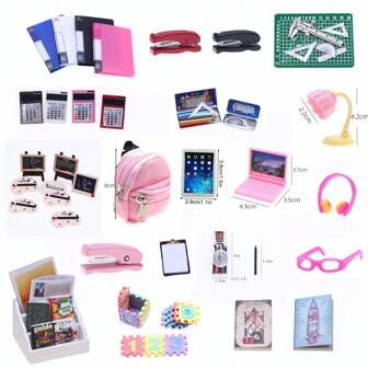 Coleção de materiais de aprendizagem realistas em miniatura para casa de bonecas, incluindo livros em miniatura, revistas, pastas de arquivo, mochilas, brinquedos de cenas de microaprendizagem DIY, calculadora de computador em miniatura, decorações de bonecas BID, acessórios de aprendizagem e desenho em miniatura
