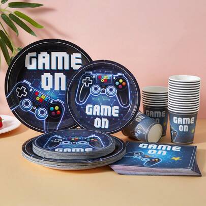 96pcs/Set Video Game Themed Disposable Party Tableware Including Cups, Plates, Napkins, Suitable For 24 Guests, Ideal For Gamers, Sports Fans, Birthday Parties, Weddings, Celebrations