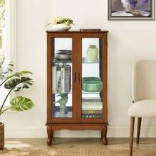 Curio Cabinet Lighted Curio Diapaly Cabinet With Adjustable Shelves And Mirrored Back Panel, Tempered Glass Doors (Oak, 3 Tier), (E26 Light Bulb Not Included)    RR