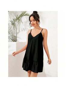 V-Neck Strap Short Dress Ruffle Delicate Cute Daily Summer Casual Fashion Women Boho - màu đen - Xem 3