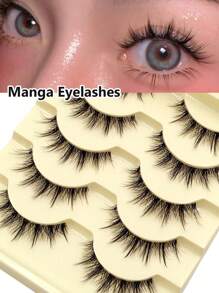 Asiteo Asiteo 5 Pairs Of Doll Style Natural False Eyelashes - Transparent Stem Manga Eyelashes, Comic Fairy Design, Perfect For Role-Playing - Reusable