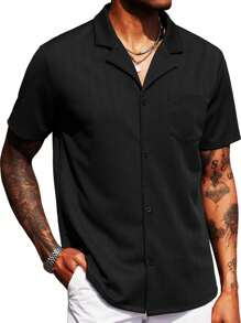 男士纽扣式短袖纹理衬衫，休闲海滩瓜亚贝拉领夏季度假装 - 黑色 - 查看 1