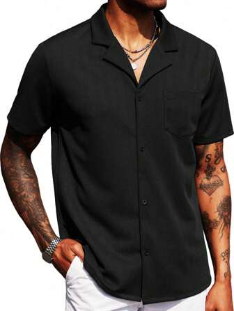 男士纽扣式短袖纹理衬衫，休闲海滩瓜亚贝拉领夏季度假装