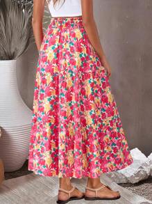 Women Full Floral Print Midi Maxi Skirt Summer Casual Elastic High Waist Pleated A-Line Flowy Boho Bohemian Long Skirt Pockets Spring Holiday Vacation Beach Going Out Valentine Outfit - hoa đỏ vàng - Xem 2