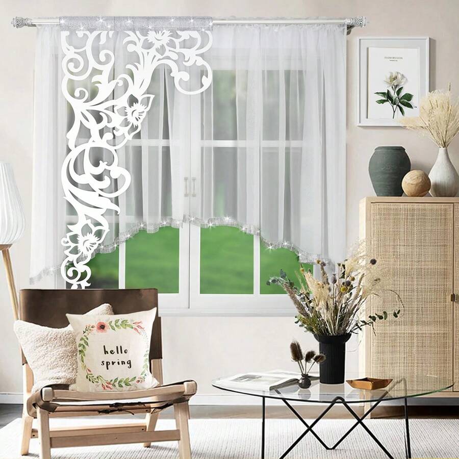 優質特麗綸薄紗窗簾套裝，2片，觸感柔軟，精美鏤空圖案設計，兒童房設計首選，400*145cm - 白色 - 查看 1