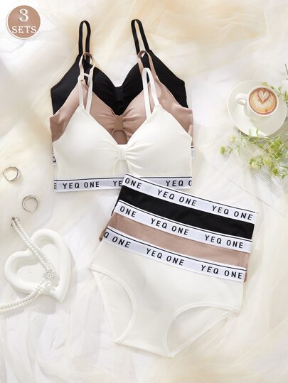 3SETS Ladies Verleidelijke Openwork French BH Ondergoed Suit, Com Tafel Wireless, Letter Printed Sling Tube Top Beautiful Back, Chest Pad Wrapped, Sports Suit.